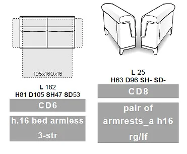 Заводская схема модулей Calia Italia: слева модуль «h.16 bed armless 3-str» (CD6) с размерами L 182, H81 D105 SH47 SD53 и спальным местом 195x160x16; справа «pair of armrests_a h16 rg/lf» (CD8), L 25, H63 D96, SH- SD-