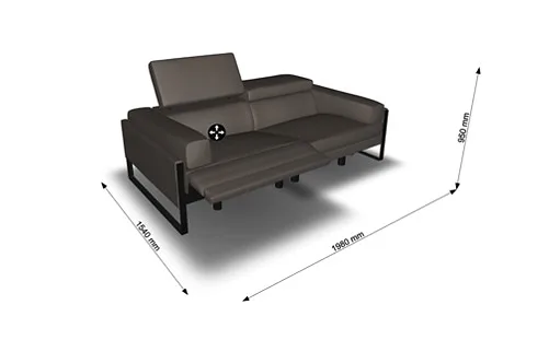 Схема габаритов Romeo Relax от производителя: 3D-модель в тёмной обивке с поднятым левым подголовником и выдвинутым левым подножьем; 1980 мм в ширину, 1540 мм в глубину, высота 950 мм