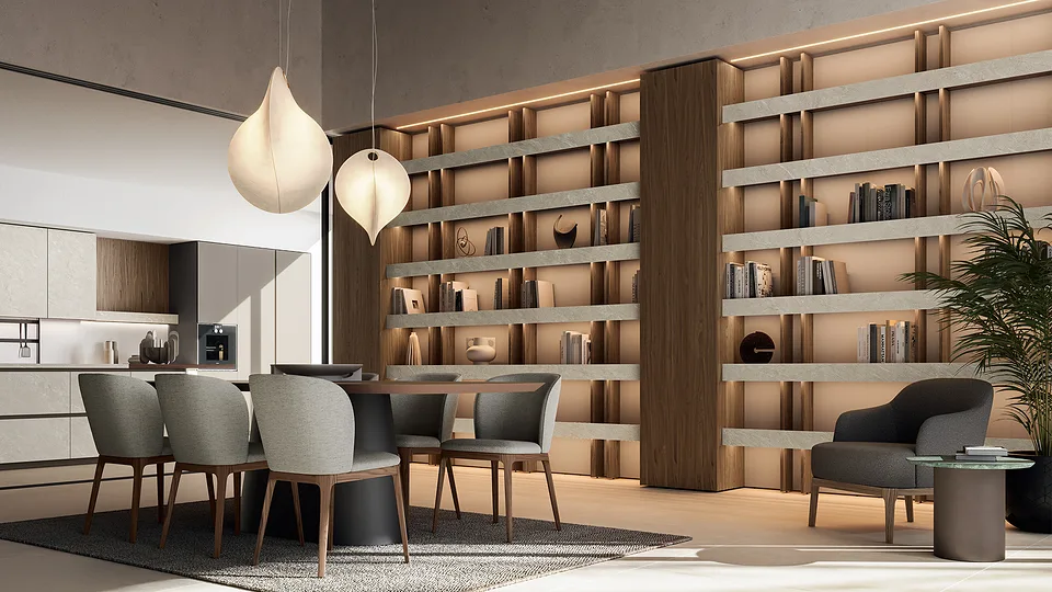 Стеновые панели Boiserie с полками, Dall'Agnese, в гостиной-столовой: светлые панели, деревянные стойки, полки под светлый камень и подсветка