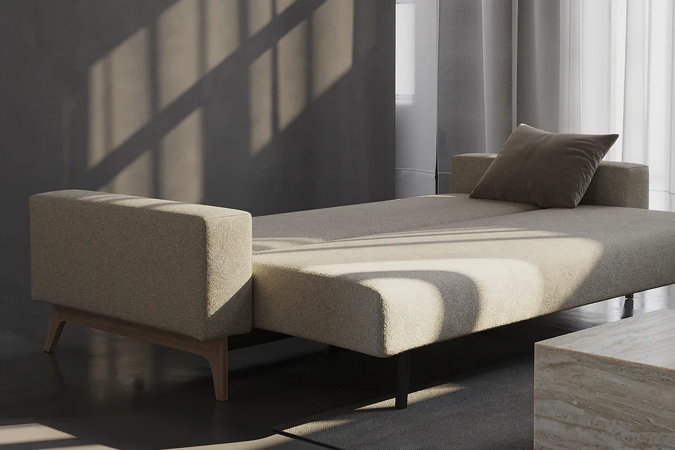Idun в интерьере, разложен в кровать, обивка Bouclé 539 Beige — другая ткань