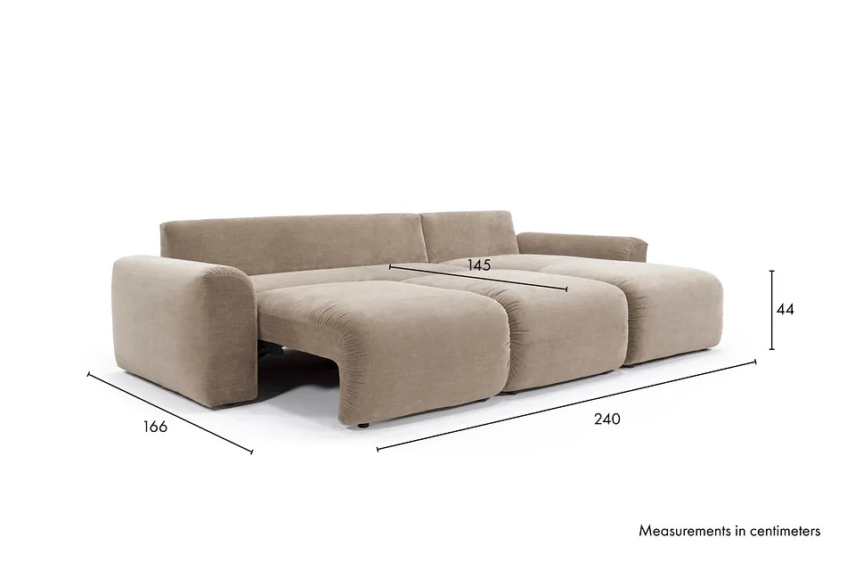 Схема размеров в разложенном виде: диван-кровать Norum Sofa Bed Chaise With Chunky Arms