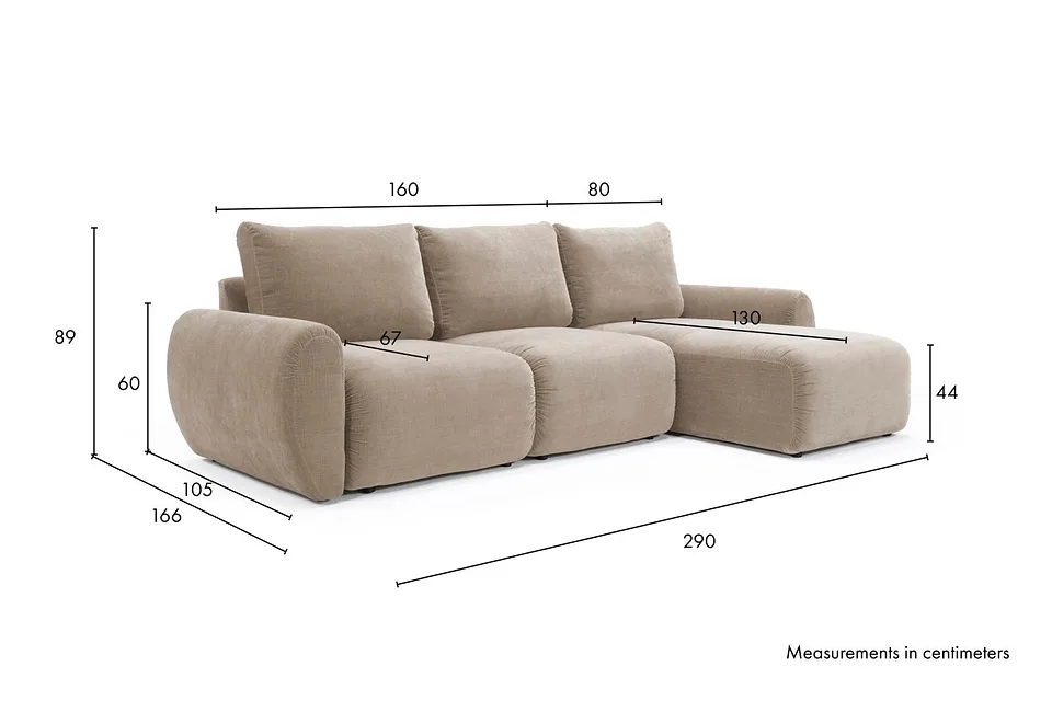 Схема размеров: диван-кровать Norum Sofa Bed Chaise With Curve Arms