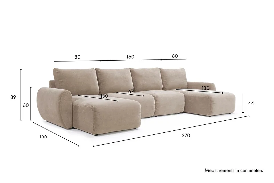 Схема размеров: диван-кровать Norum Sofa Bed U-shape With Curve Arms